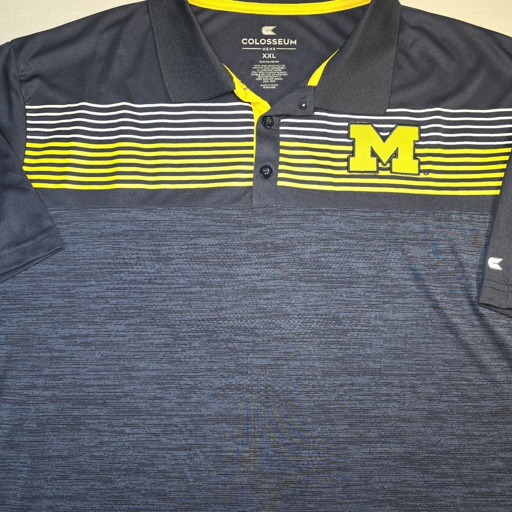 Colosseum Michigan Wolverines Polo Shirt Men XXL Navy Blue Striped NCAA Golf